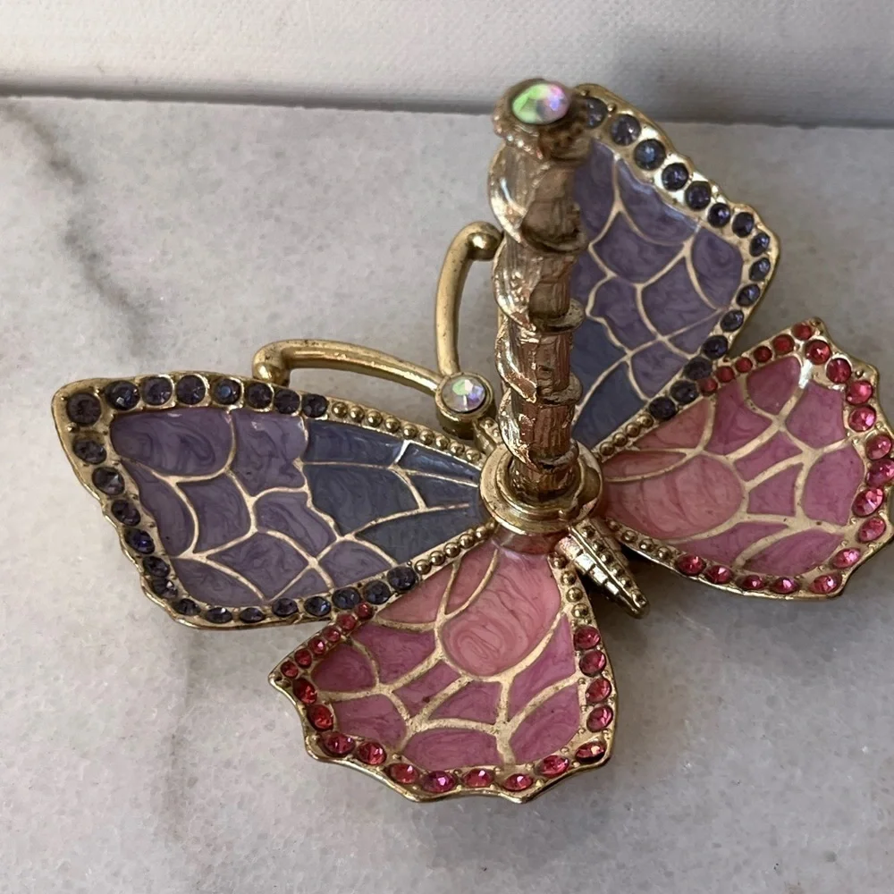 Pink purple Enamel and Gold Plated Butterfly Jewelry Ring Holder w/ Crystals